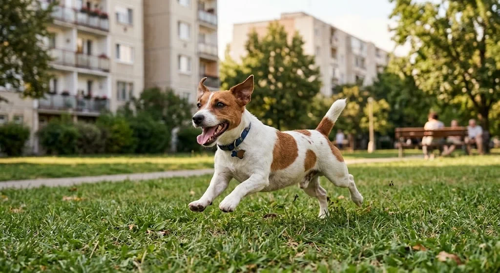 Jack Russell terrier fut a fűben egy lakótelepi park közepén, panelházak és fák a háttérben, élénk, vidám testtartással