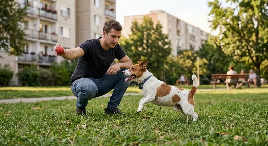 Jack Russell terrier labdával játszik egy gazdival lakótelepi park füves részén, napos időben, panelházak a háttérben