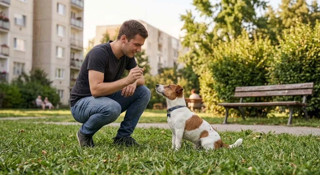 Gazdi jutalomfalattal kiképez egy Jack Russell terriert lakótelepi park padja mellett, a kutya ül és figyel