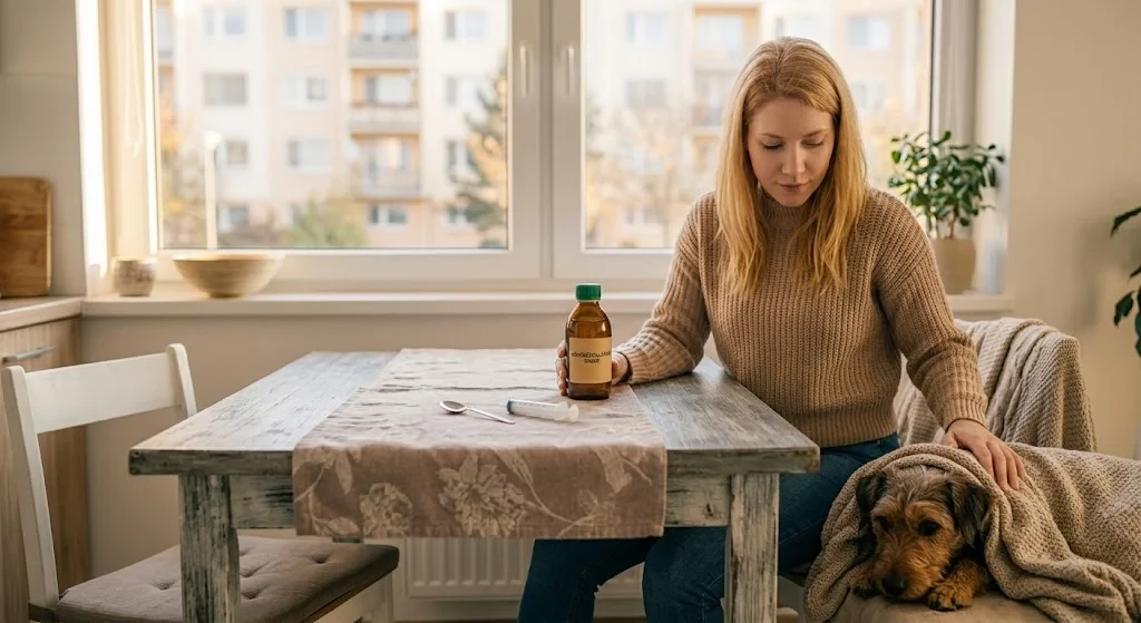 Konyhaasztalon állatgyógyászati szirup és tabletta adagoló kanál mellett fekvő kutya, panelházak látszanak az ablakon át