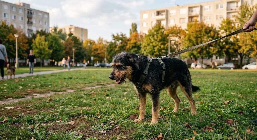 Nappali sétán köhögő kutya lakótelepi park zöld fűvel és panelházakkal a háttérben, természetes fényben
