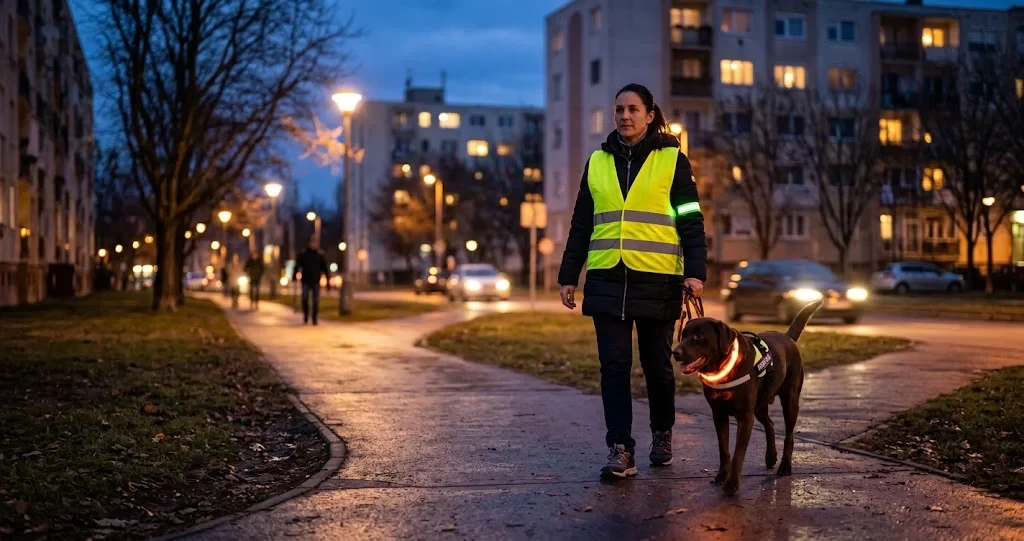 Gazdi és kutyája sétál sötétedés után egy lakótelepi úton, fényvisszaverő eszközökkel