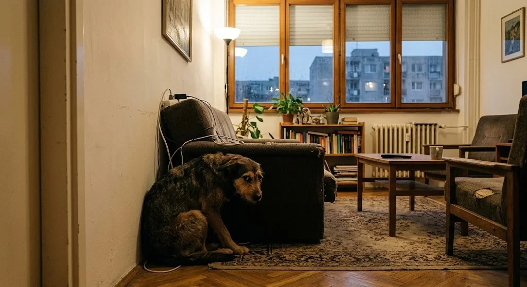 Remegő kutya bújik a kanapé mögött lakótelepi nappaliban, miközben kint sötétedik