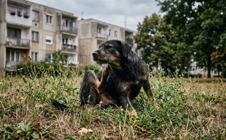 Kutya vakarózik és dörzsöli a pofáját egy lakótelepi park füves részén, parlagfű allergia tünetei