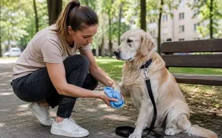 Gazdi hideg borogatást tart a kutya mancsán egy pad mellett, természetes parkos környezet
