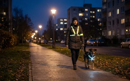 Gazdi kutyával sétál sötétedés után egy lakótelepi járdán, mindketten láthatósági eszközzel