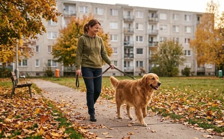 Gazdi kutyájával sétál egy lakótelepi parkban ősszel, lehullott levelek között