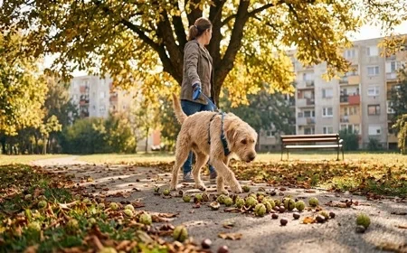 Gazdi rövid pórázon vezeti kutyáját egy gesztenyefás lakótelepi park sétaútján ősszel