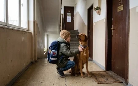 Gyerek iskolatáskával búcsúzik a kutyájától reggel a lakás ajtajában