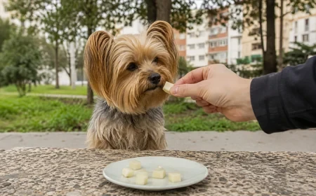 Kistestű kutya előtt apró körtekockák, gazdi kézből ad egy falatot
