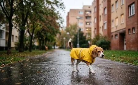 Kutya sárga esőkabátban sétál a nedves őszi időben