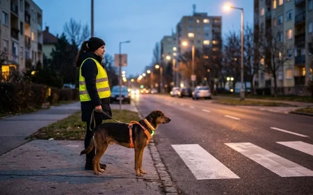 Kutya és gazdija megállva várakozik egy gyalogátkelőnél esti fényben, lakótelepi úton
