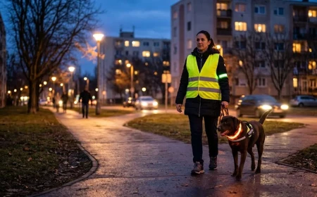 Gazdi és kutyája sétál sötétedés után egy lakótelepi úton, fényvisszaverő eszközökkel
