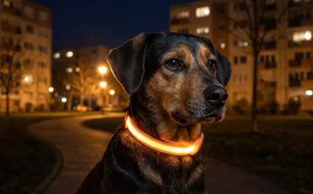 Kutya LED-es, világító nyakörvvel egy sötét lakótelepi parkban, este