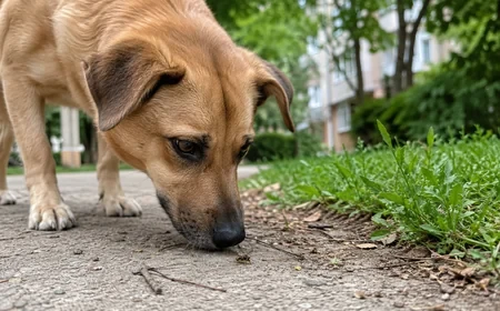 Kutya óvatosan szimatol egy darazsat egy parkos lakótelepi sétány mellett