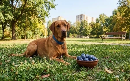 Kutya nyugodtan pihen a parkban egy tál gyümölcs mellett