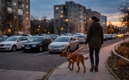 Kutya pórázon sétáltatva egy lakótelepi parkoló mellett alkonyatkor, fényvisszaverő hámmal