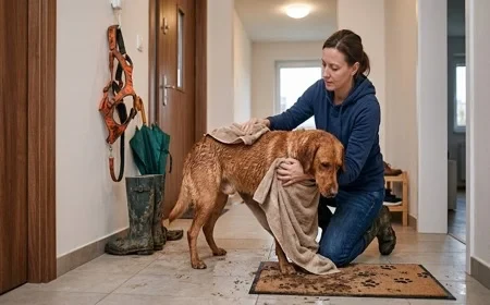 Vizes kutya szárítása törölközővel lakás előszobájában esős séta után