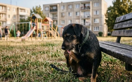 Kutya vakarózik és a mancsát rágja egy lakótelepi park füves részén parlagfű szezonban