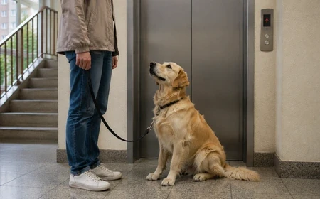 kutya ülve vár a lift előtt lakótelepi folyosón jutalmazás közben