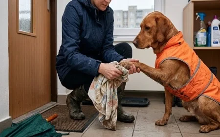 Kutya mancsának áttörlése törölközővel esős őszi séta után