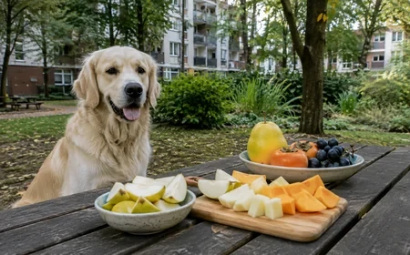 Őszi gyümölcsök kutyabarát válogatása parkos lakótelepi piknikasztalon kutyával
