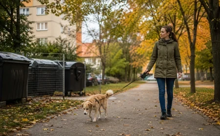 Kutya és gazdi őszi lakótelepi szemetesek mellett biztonságos távolságban sétálnak