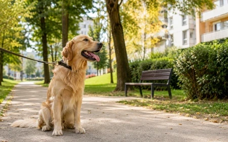 kutya nyugodtan kilép lakótelepi házból parkos környezetbe