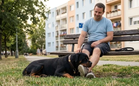 Rottweiler nyugodtan pihen gazdája mellett egy padon a parkban