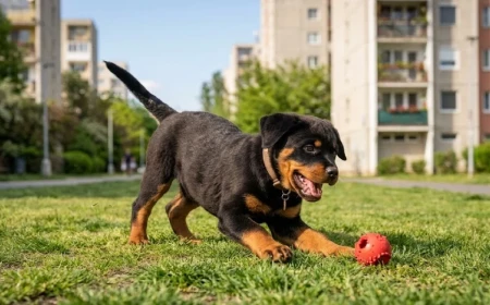 Rottweiler kölyök játszik a fűben egy parkban