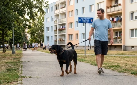 Rottweiler pórázon sétál gazdájával egy lakótelepi sétányon