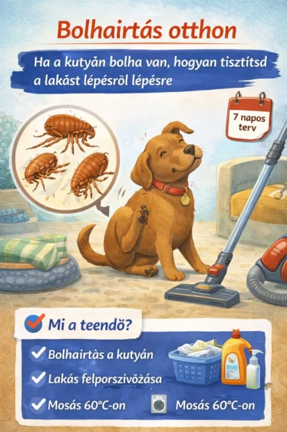 bolhairtás lakásban, bolha a kutyán mit tegyek, bolha életciklusa, bolhafésű használata, bolhaallergia kutyáknál, kutya bolhairtó tabletta, lakás fertőtlenítése bolha ellen, 7 napos bolhairtási terv, bolha a lakásban porszívózás